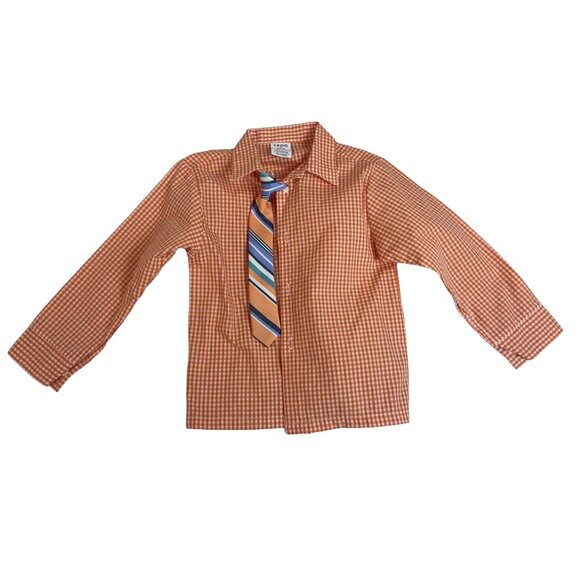 Izod Boys Orange Gingham Shirt & Striped Clip-On Tie Set Size 6 - Picture 1 of 6